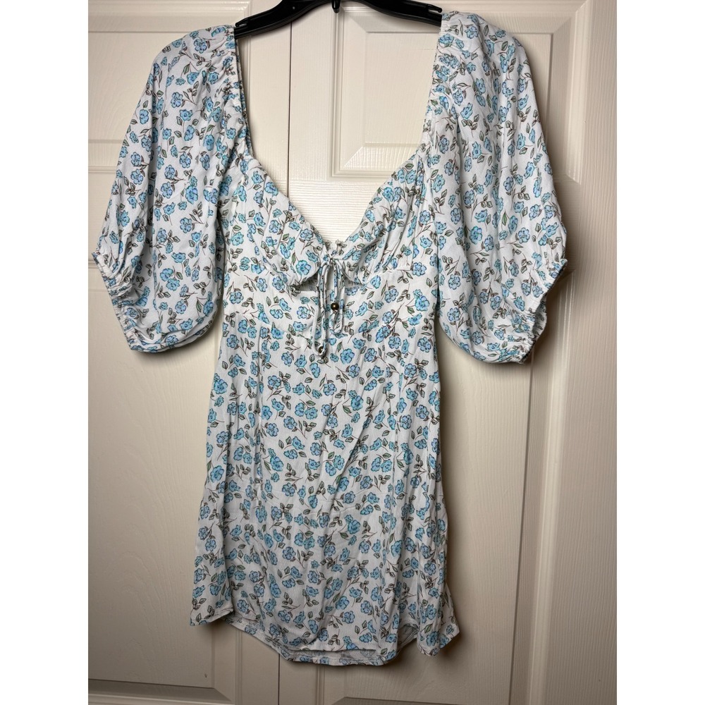 Sky to Moon Floral Mini Dress Blue White Puff Sleeve Smocked Back Small